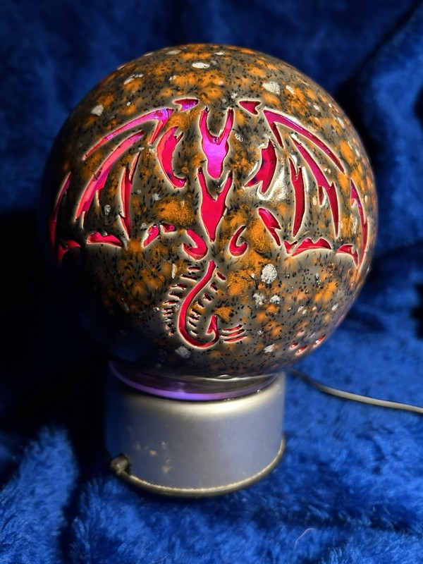 7” Tall, Hand Carved Ceramic Luminary Ball W/Light/rotating Base~Guardian Dragon