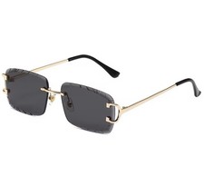 Men's Gem Cut Black Tint Gold Frame Hip Hop Rimless Luxury Rectangle Sunglasses