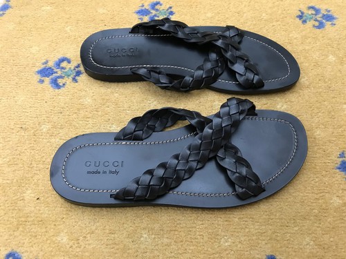 Gucci Leather Sandals Shoes Black Plaited Strap Decorative Mens UK 9 US 10 EU 43