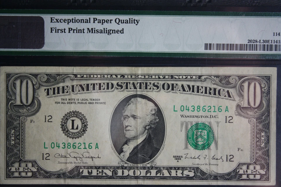1988 A $10 Dollar ERROR Note, Hugely MISALIGNED REVERSE-1st Printing PMG VF30 - Image 3 of 4