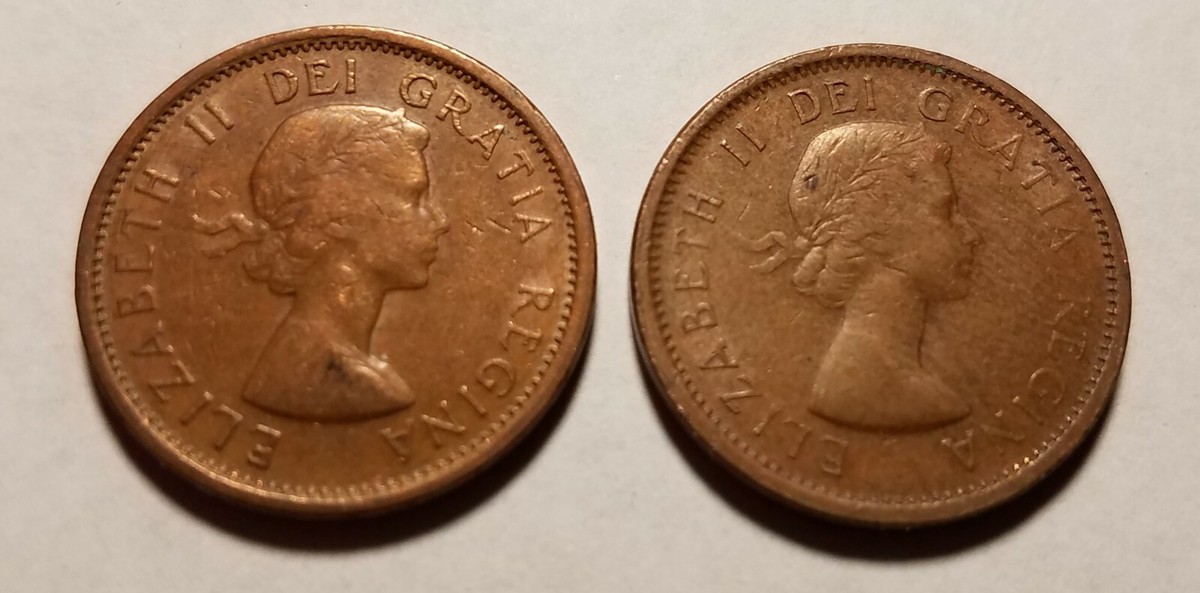 1963 & 64 Canadian penny - Queen Elizabeth II on front & maple