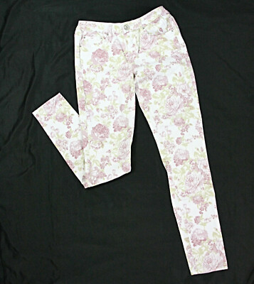 YMI Pink Floral Rose Foxy Super Skinny Mid Rise Zip Fly 5-Pocket Stretch Jeans 9