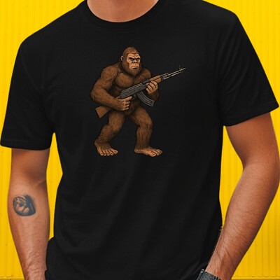 Men's Bigfoot Gun Print Cotton T-Shirt Size XS to 5XL