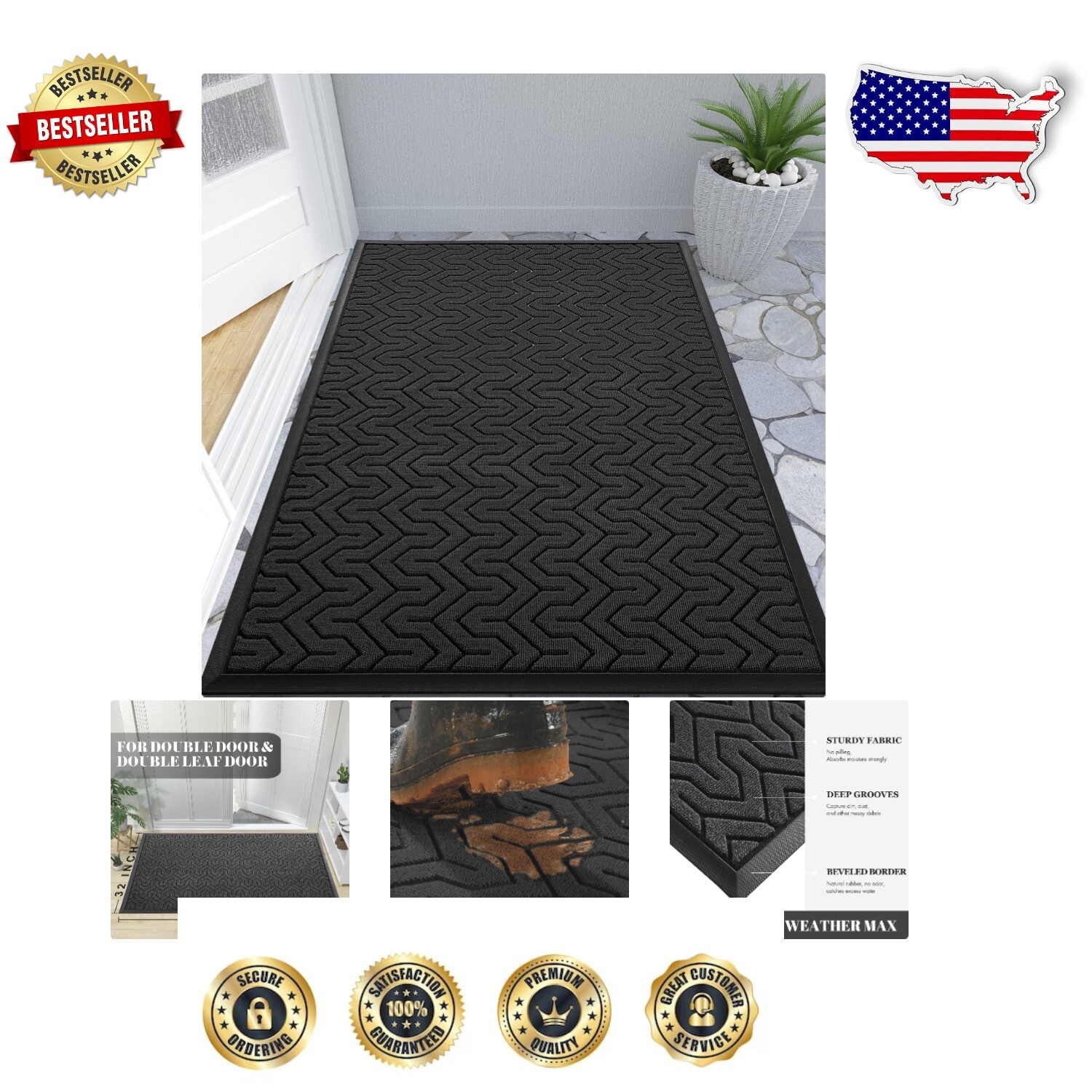 Heavy Duty Waterproof Door Mat 47x32 | Non-Slip Elegant Exterior Welcome Mat