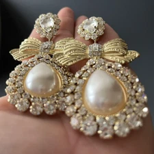 A Pair Gold Bow Statement Earrings Faux Pearl Rhinestone Pierced Drag Queen