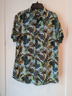 Black Bird Fly High Ladies Med Blue Green Floral Button Up Tropical Travel EUC 