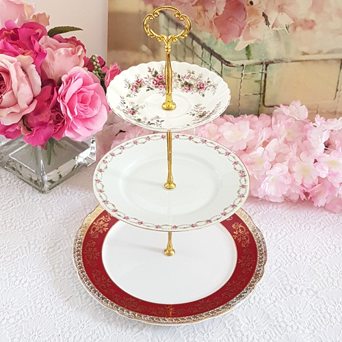 Elegant 3-Tier Cake Stand: Pink Burgundy Handmade Dessert Tray Wedding Decor - Picture 3 of 11