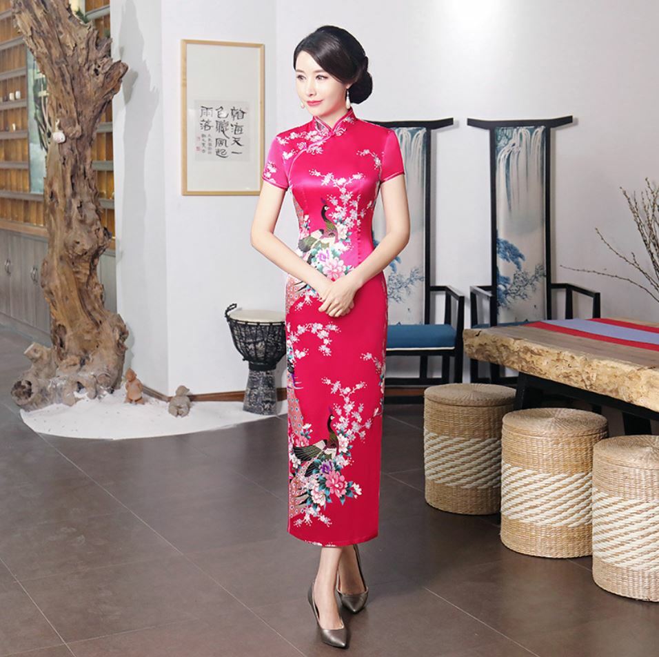 New Luxurious Pink Satin Phoenix Chinese Long Dress Cheongsam