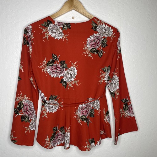 ASTR The Label Women’s Floral Wrap Top Size S Peplum Flowy Sleeve Red/Orange - Picture 10 of 12