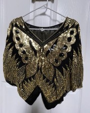 Vintage Black Silk Gold Sequin Butterfly Blouse Top Women's Small HAND SEWN