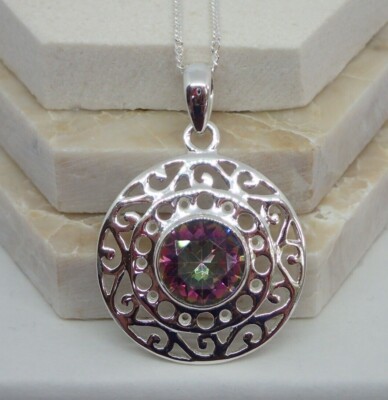 925 Sterling Silver Mystic Topaz 8mm Faceted Filigree Pendant UK Seller