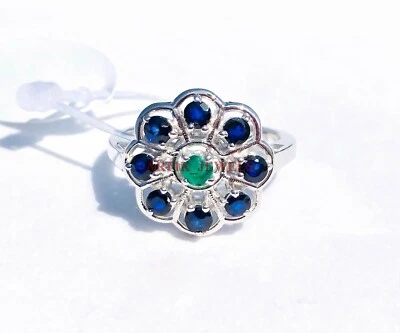 Bague Pour Femme En Argent Sterling 925 Avec Saphir Bleu Et Émeraude #4473 - Photo 1/4