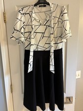 RANPHEE Womens Large Black White Geometric Tie Neck Midi Dress