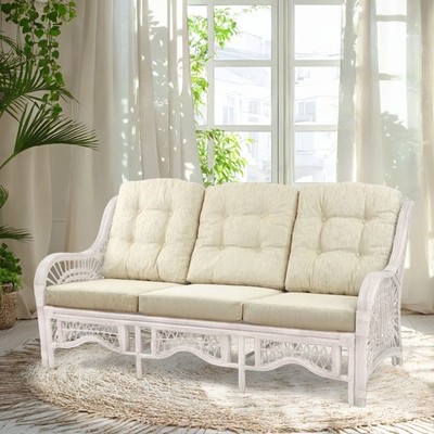 Malibu Handmade 3-Seater Sofa Natural Rattan Wicker White Color, Cream Cushions