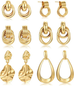 Authentic 6 Pairs Chunky Gold Earrings for Women Gold Plated Knot Earrings Trendy Statemen