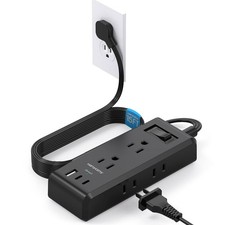 Black Extension Cord 15 Ft, Long Cord Ultra-Thin Flat Plug Power Strip with 6...
