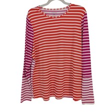 Lands End Rash Guard Women XL/L 18 Orange Pink Stripe Long Sleeve Sun Swim Shirt
