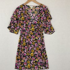 TOPSHOP Wrap Dress Size 10 Pink Yellow Floral Puff Short Sleeve Knee Length Poly