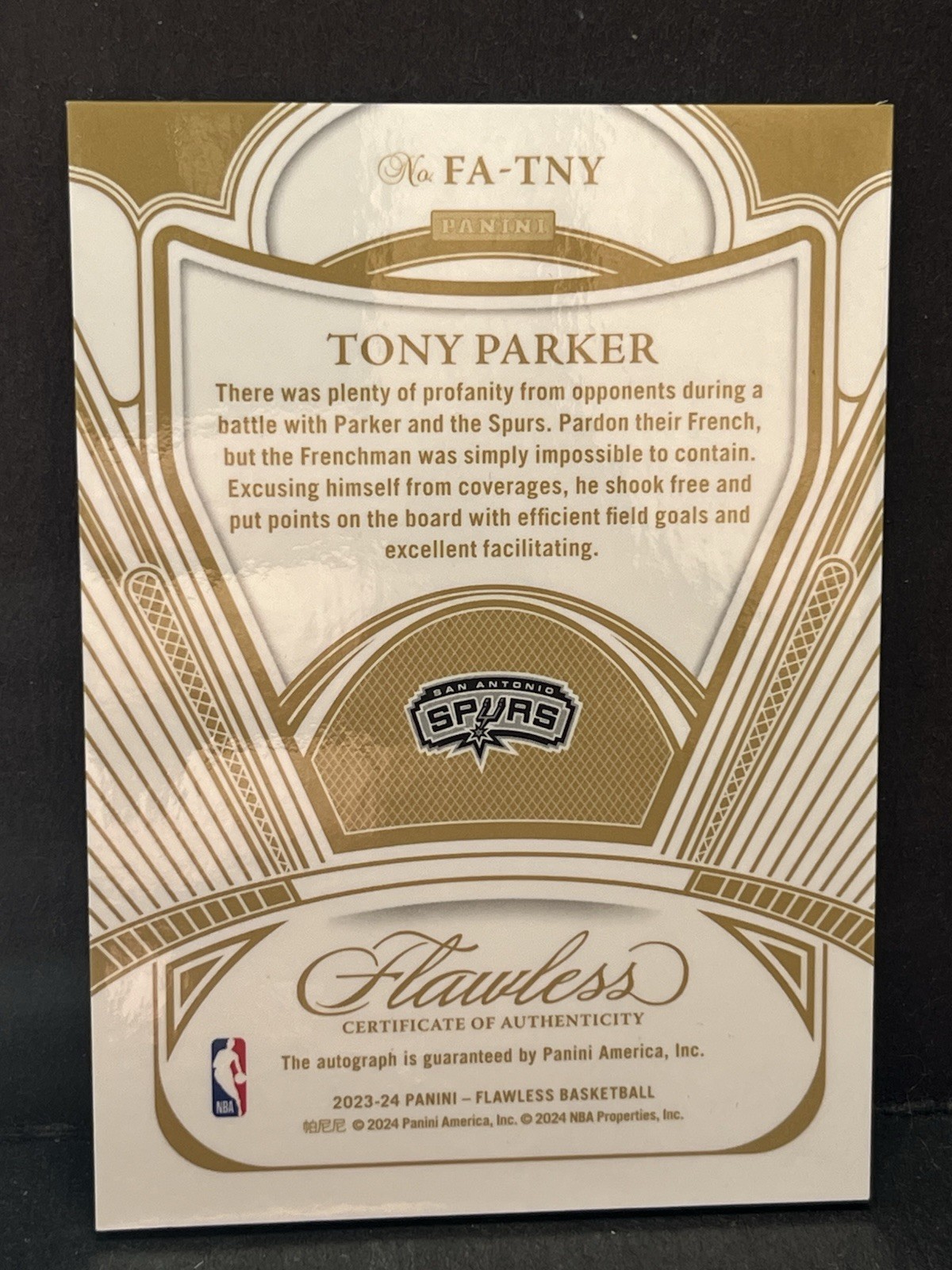 Tony Parker Auto 2023-24 Panini Flawless Ruby /15 Spurs SSP On Card HOF view 2
