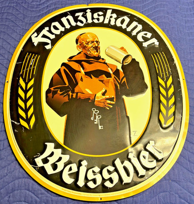 Franziskaner Weissbier German Beer Sign Monk Metal Embossed Tin Tacker 23'' X 20''