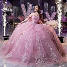 Pink Quinceanera Dresses Off Shoulder Lace 3D Flowers Prom Ball Gowns Sweet 16