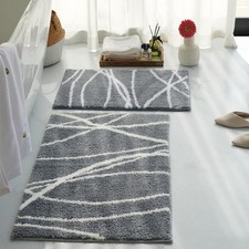 Luxury Grey White Curve Line Bathroom Rug Set, 20x32 inch  16x24 inch 2 pcs ...