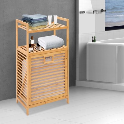 Bamboo Clothes Organizer Storage Shelf For Laundry Room, Tilt Out Laundry Basket