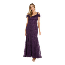 R & M Richards Women's Off-The-Shoulder Lace Gown Plum Purple Size 14