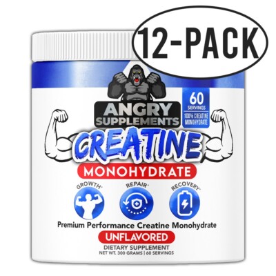 Angry Supplements Creatine Monohydrate Powder 100% Grow Repair 300g 60 Serv 12PK