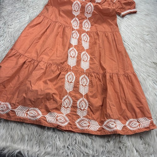 Bohme Women's XS Orange Embroidered Tiered Midi Dress Boho Resort - Picture 2 of 8