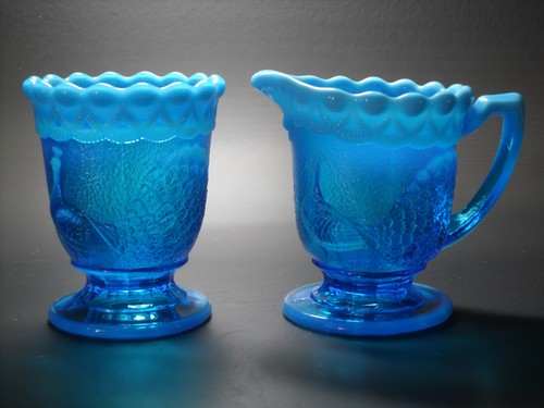 Mosser Glass * Strutting Peacock Cream & Sugar 4pc * Opalescent Blue U.V. * 0237 - Picture 5 of 16
