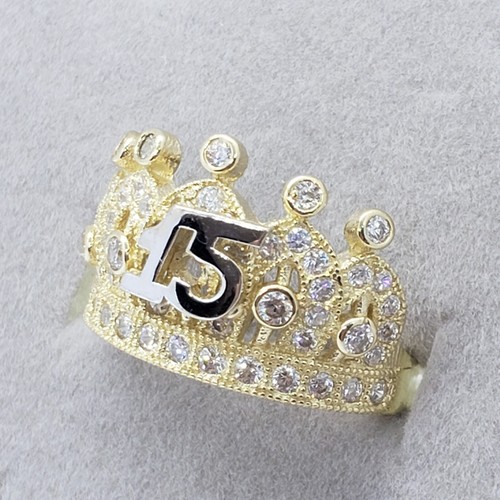 14K Solid Yellow Gold CZ Crown Sweet 15 Ring Quinceanera Anos Birthday Band Girl - Picture 15 of 16