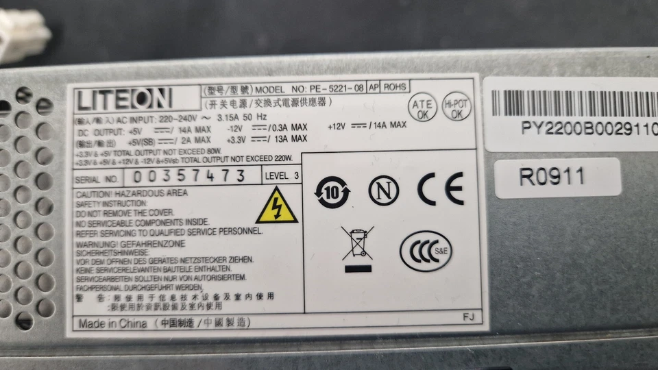 Lite-On Liteon PE-5221-08 AP 20+4 Pin 220W Power Supply from an Acer PC Working - Image 2 of 3