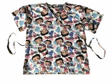 Womens Betty Boop Cartoon Scrub Top 2XL Tie Strings And Front Pockets