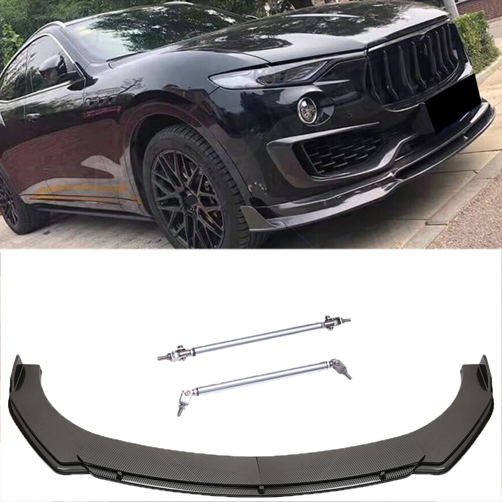 Carbon Look Front Bumper Lip Splitter Kits+Strut Rods For Maserati Levante 17-23