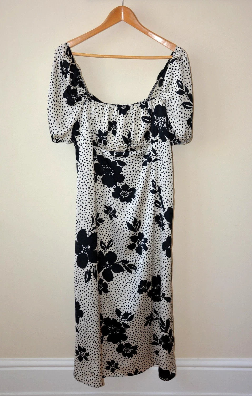 OFF WHITE ABITO MIDI DAMIGELLA EX NEW LOOK OFF WHITE+NERO STAMPA FLOREALE E CRUSCOTTO TAGLIA 10 20