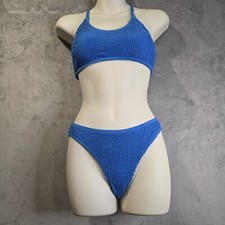 2 Piece Bikini Set Swimsuit Size Small Blue Ribbed High Cut Spaghetti Straps