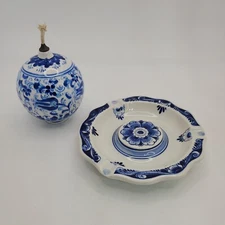 2 Hand Painted Blue And White Pottery Pieces