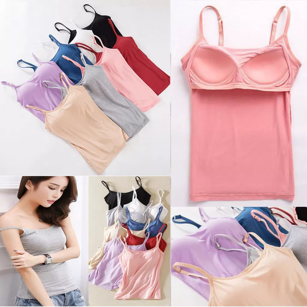 Womens Stretch Cami with Built-in Shelf Bra Tank Top Wide Straps Padded Yoga  Top