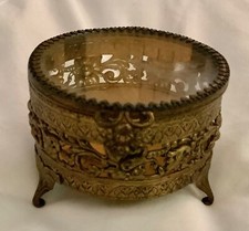 Brass Glass Jewelry casket Trinket Box Vintage Round Floral Ornate Hinged Legs