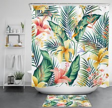 Tropical Green Palm Leaf Pink Floral Shower Curtain Bathroom Accessories Set