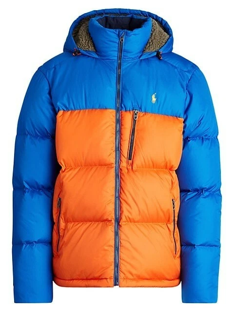 Polo Ralph Lauren Men&#039;s M Blue Orange Puffer Down Hooded Jacket bubble mets | eBay