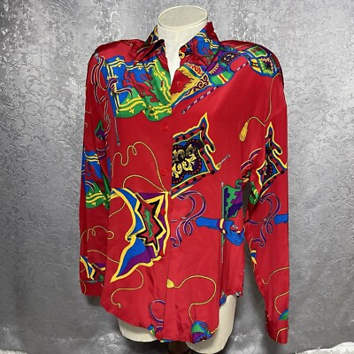 Ellen Tracy Heraldic Flag Silk Top Red Vintage Collared Button Up Blouse