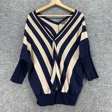 Adrienne Vittadini Sweater Pullover Women M Medium Blue Striped Knit V-Neck