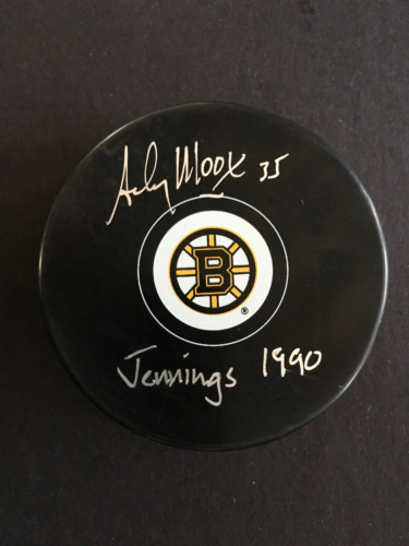 ANDY MOOG AUTOGRAPHED BRUINS PUCK "JENNINGS 1990" J.S.A. AUTHENTICATED - Picture 1 of 4