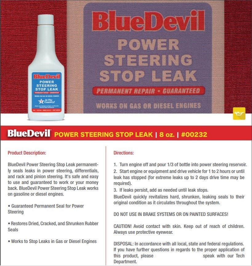 BlueDevil Power Steering Stop Leak 8 Oz Seal Products 8Oz Blue Devil