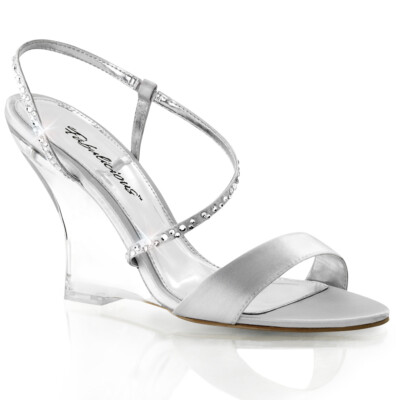 Pleaser USA Lovely-417 klarer Keilabsatz Silber Satin UK4 AUF LAGER