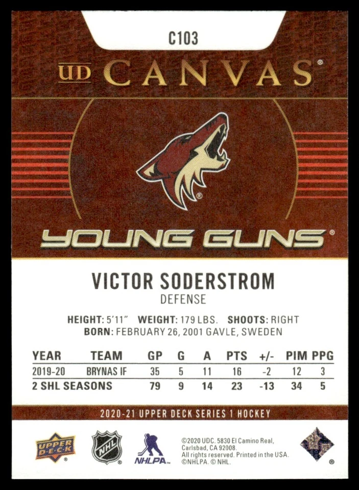 2020-21 UPPER DECK YOUNG GUNS CANVAS Victor Soderstrom Arizona Coyotes #C103 R39 - Image 2 of 2