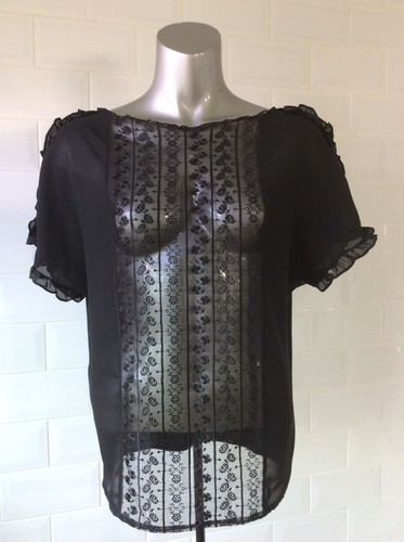 SIZE 12 ZARA BLACK SHEER LACE CHIFFON JERSEY TOP GOTH STEAMPUNK WHITBY PARTY - Picture 3 of 8