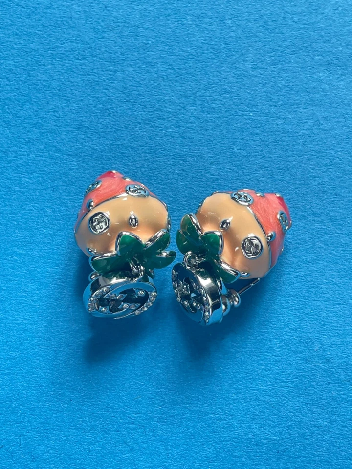 Gucci Silver GG Logo Pink Enamel Strawberry Charm Drop Earrings - Image 2 of 4